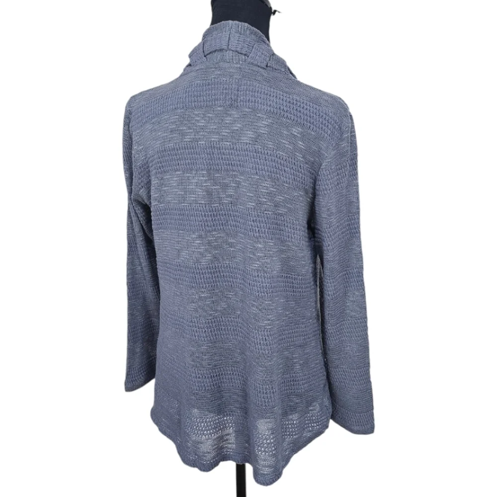 Anthropologie One September Blue Boho Braided Neck Pointelle Knit Open Cardigan